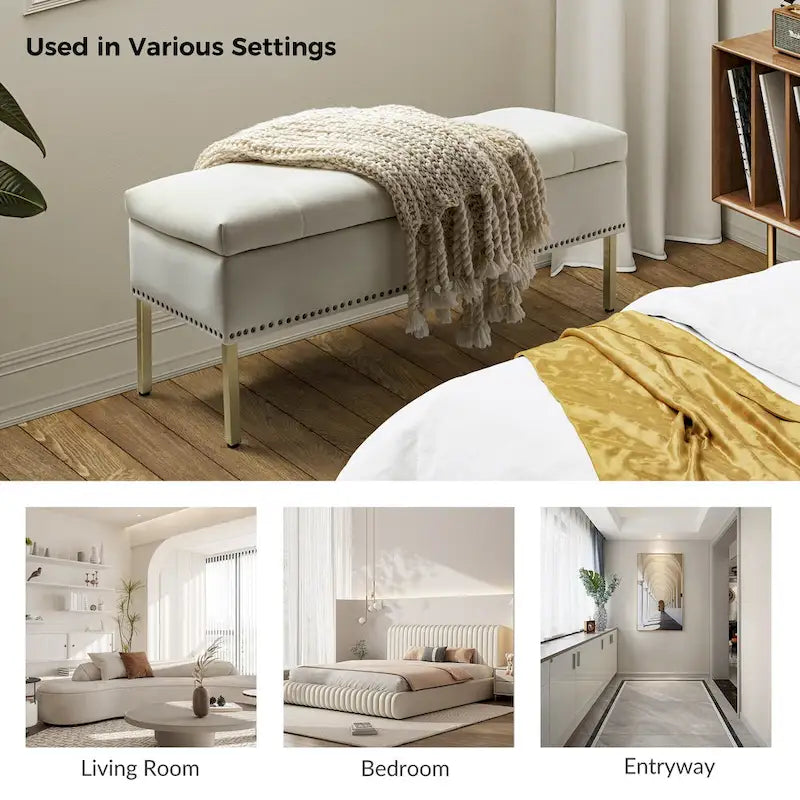 Banc de rangement contemporain en velours Egmont avec couvercle à charnière par