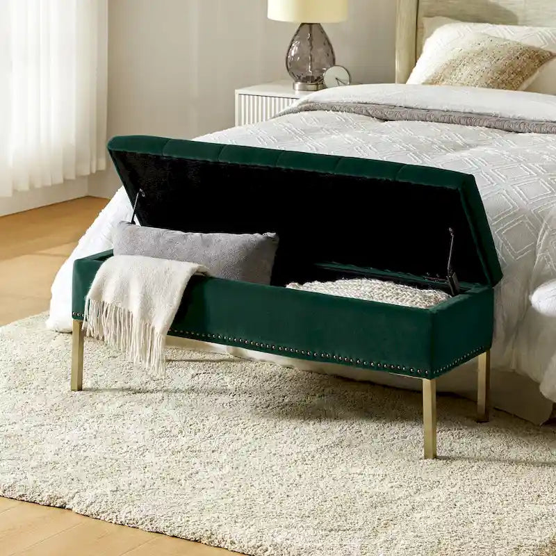 Banc de rangement contemporain en velours Egmont avec couvercle à charnière par