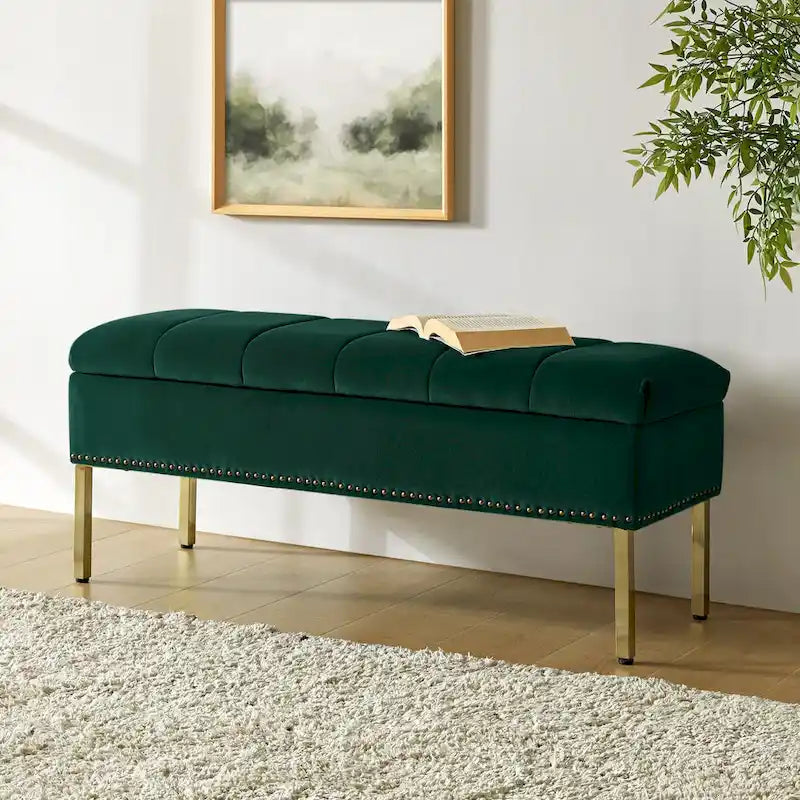 Banc de rangement contemporain en velours Egmont avec couvercle à charnière par