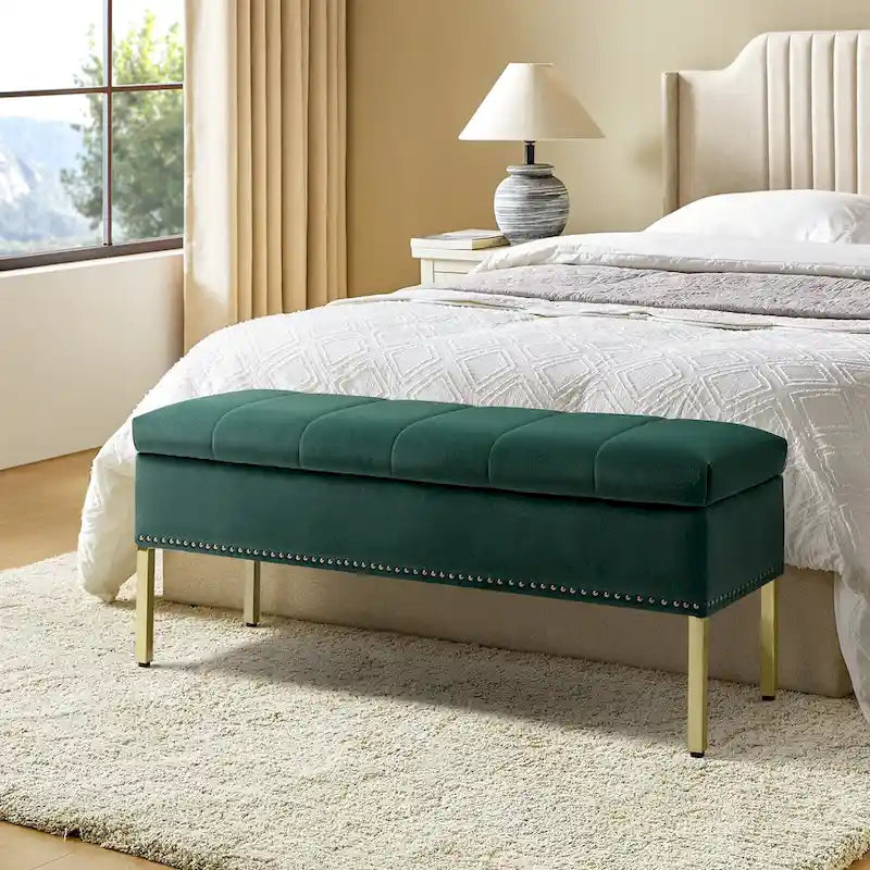 Banc de rangement contemporain en velours Egmont avec couvercle à charnière par