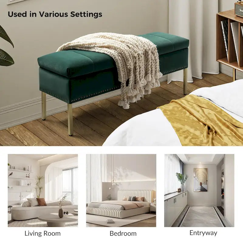 Banc de rangement contemporain en velours Egmont avec couvercle à charnière par