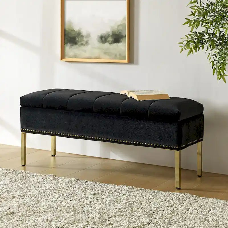 Banc de rangement contemporain en velours Egmont avec couvercle à charnière par