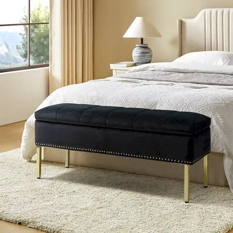 Banc de rangement contemporain en velours Egmont avec couvercle à charnière par