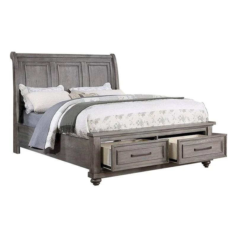 Lit demi-king size, tête de lit traîneau, 2 tiroirs de rangement, bois gris chêne