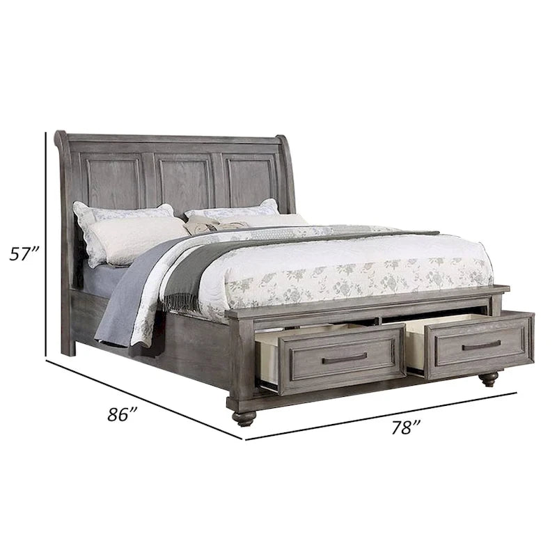 Lit demi-king size, tête de lit traîneau, 2 tiroirs de rangement, bois gris chêne
