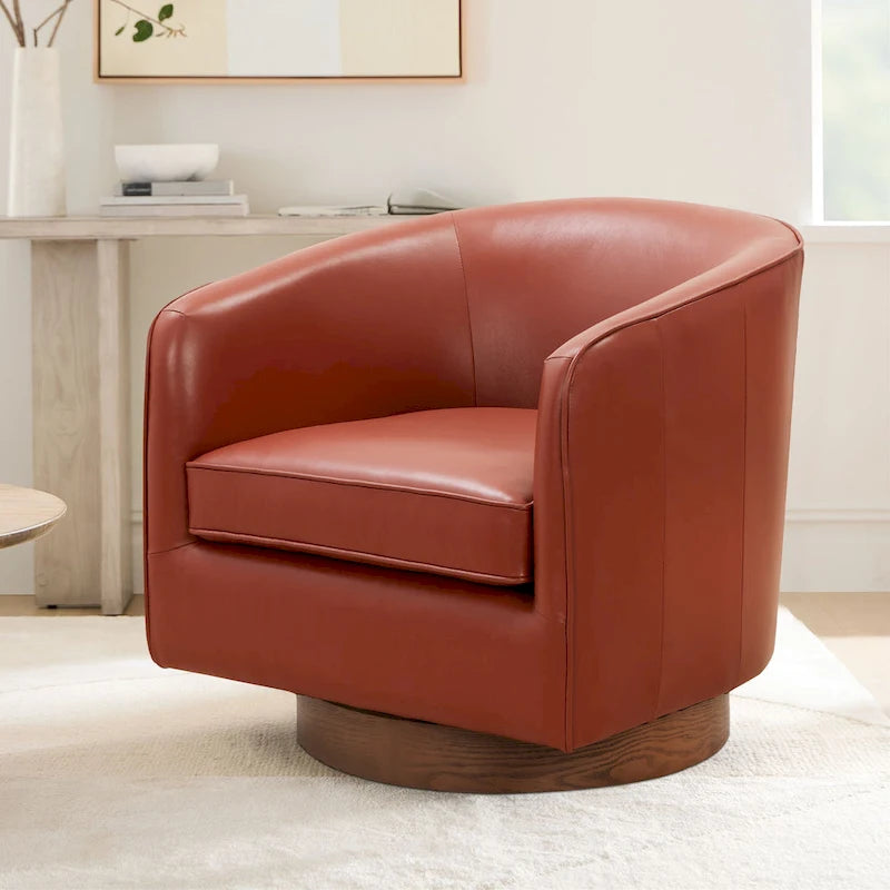 Tito Top Grain Leather Wood Base Swivel Chair by 