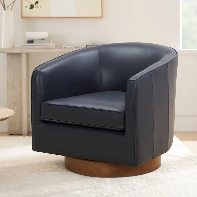 Fauteuil pivotant Tito en cuir pleine fleur avec base en bois par