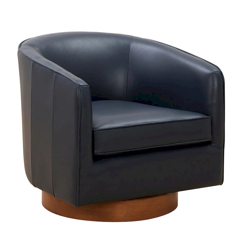Fauteuil pivotant Tito en cuir pleine fleur avec base en bois par