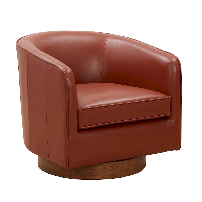 Fauteuil pivotant Tito en cuir pleine fleur avec base en bois par