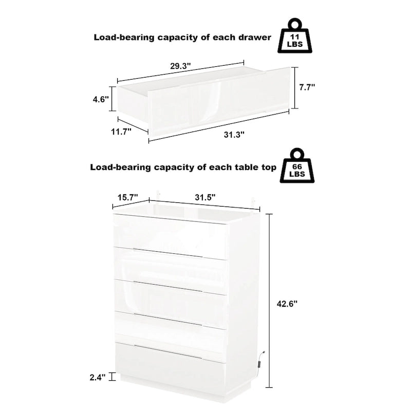 Commode à 5 tiroirs avec tiroirs brillants et éclairage de rangement