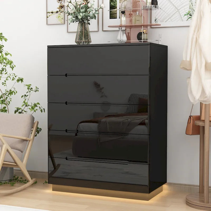 Commode à 5 tiroirs avec tiroirs brillants et éclairage de rangement