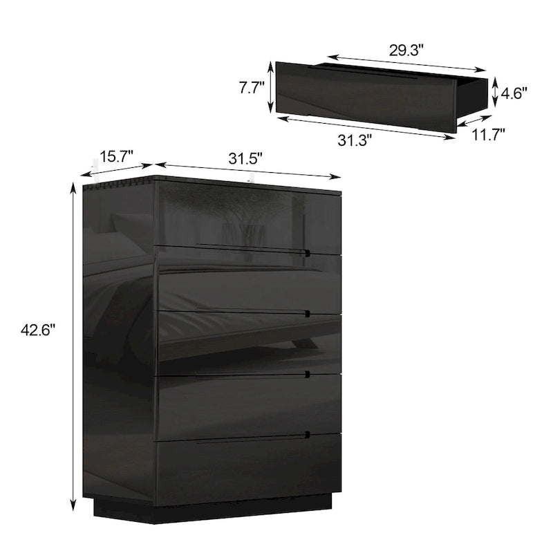 Commode à 5 tiroirs avec tiroirs brillants et éclairage de rangement
