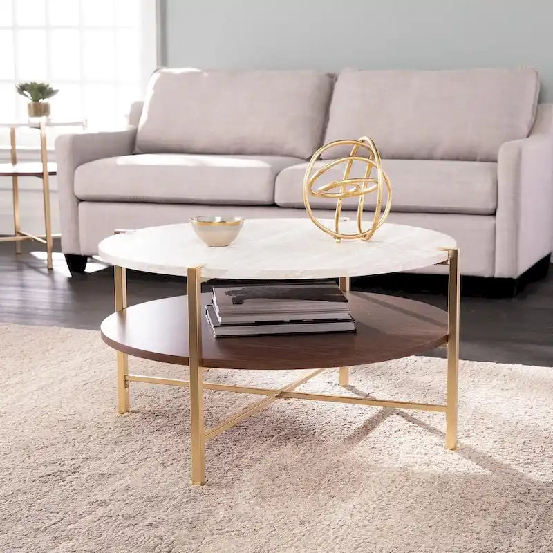  Aldea Round Faux Marble Coffee Table with Shelf