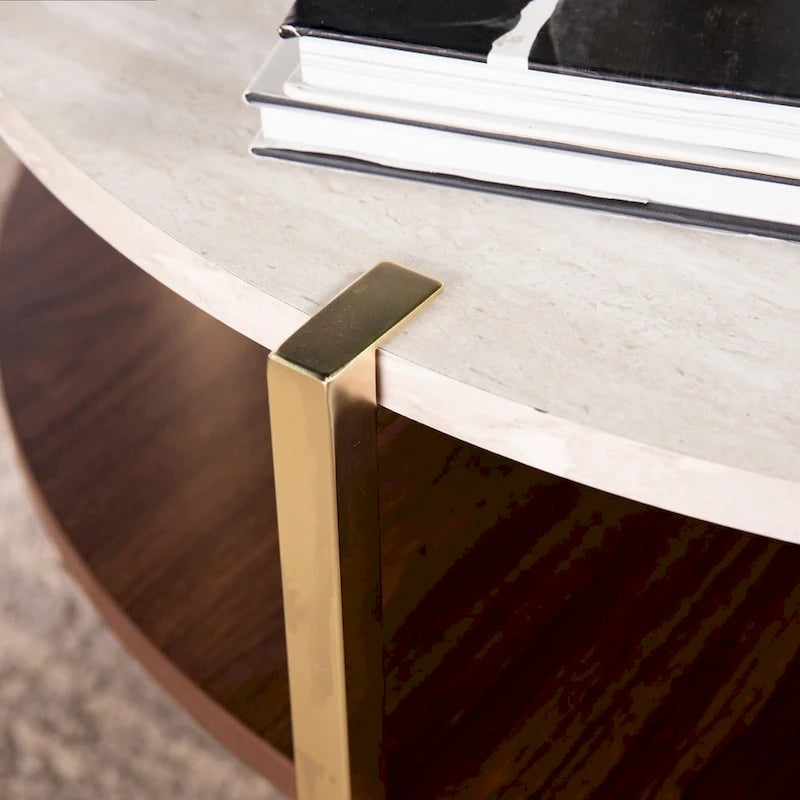 Table basse ronde Aldea en faux marbre avec étagère