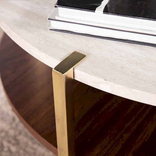 Table basse ronde Aldea en faux marbre avec étagère