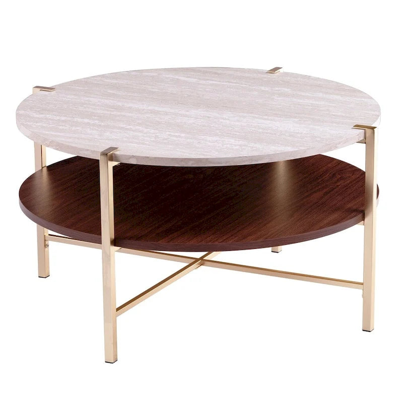 Table basse ronde Aldea en faux marbre avec étagère
