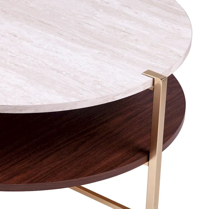 Table basse ronde Aldea en faux marbre avec étagère