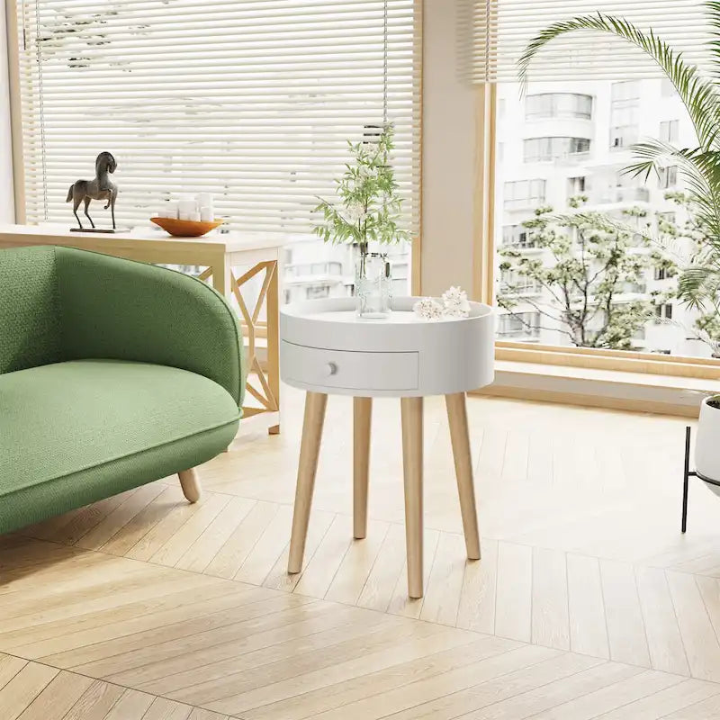 Table de Chevet avec Tiroir Rond, Table d'Appoint, Table Basse pour Canapé, Meuble de Salon, Chambre, Petit Espace