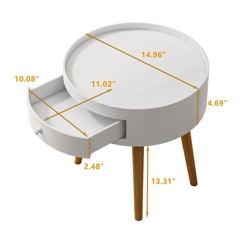 Table de Chevet avec Tiroir Rond, Table d'Appoint, Table Basse pour Canapé, Meuble de Salon, Chambre, Petit Espace
