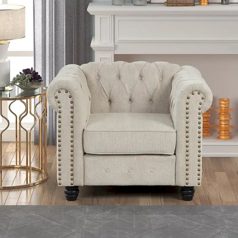 Fauteuil Chesterfield Club en lin, fauteuil rembourré capitonné avec clous décoratifs et pieds en bois massif