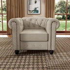 Linen Chesterfield Club Accent Chair,Button Tufted Upholstered Armchair with Nailhead and Solid Wood Legs