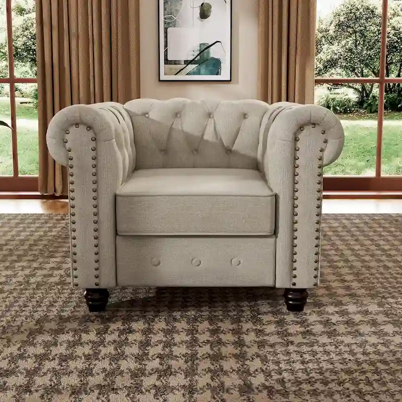 Linen Chesterfield Club Accent Chair,Button Tufted Upholstered Armchair with Nailhead and Solid Wood Legs