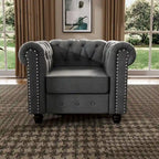 Fauteuil Chesterfield Club en lin, fauteuil rembourré capitonné avec clous décoratifs et pieds en bois massif
