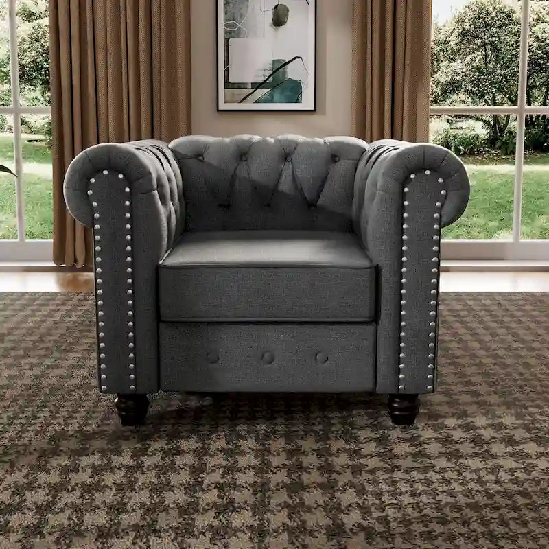 Fauteuil Chesterfield Club en lin, fauteuil rembourré capitonné avec clous décoratifs et pieds en bois massif