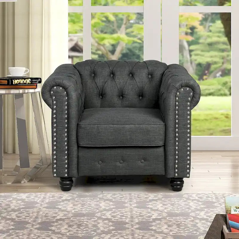 Fauteuil Chesterfield Club en lin, fauteuil rembourré capitonné avec clous décoratifs et pieds en bois massif