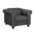 Fauteuil Chesterfield Club en lin, fauteuil rembourré capitonné avec clous décoratifs et pieds en bois massif