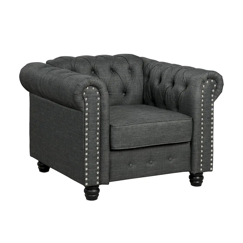 Fauteuil Chesterfield Club en lin, fauteuil rembourré capitonné avec clous décoratifs et pieds en bois massif