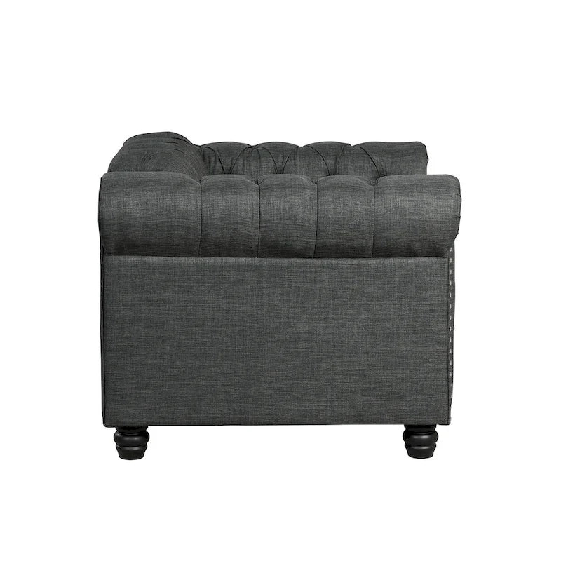 Fauteuil Chesterfield Club en lin, fauteuil rembourré capitonné avec clous décoratifs et pieds en bois massif