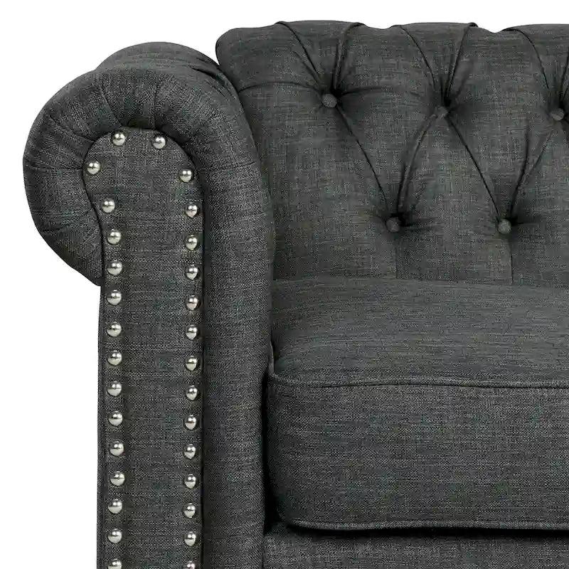 Fauteuil Chesterfield Club en lin, fauteuil rembourré capitonné avec clous décoratifs et pieds en bois massif