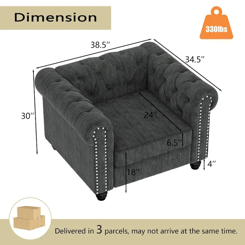 Fauteuil Chesterfield Club en lin, fauteuil rembourré capitonné avec clous décoratifs et pieds en bois massif