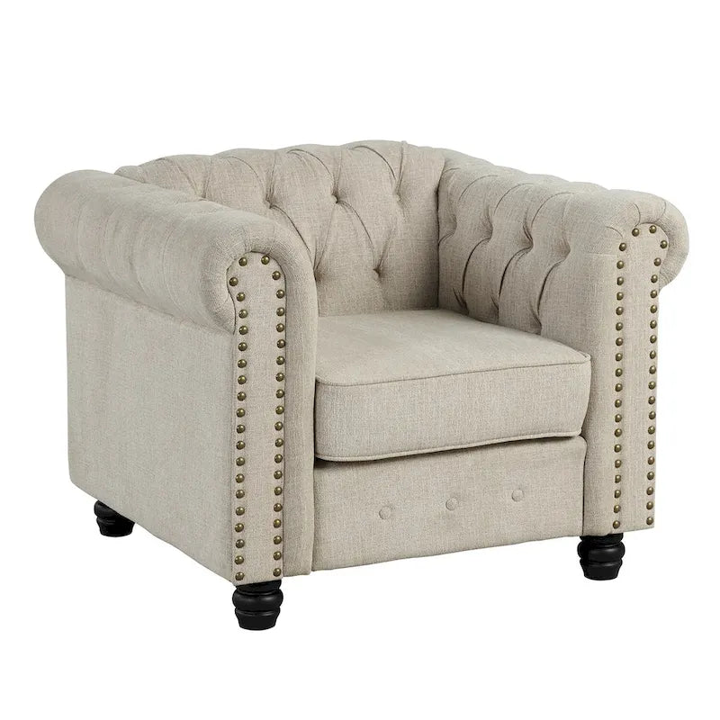 Fauteuil Chesterfield Club en lin, fauteuil rembourré capitonné avec clous décoratifs et pieds en bois massif