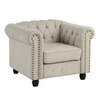 Fauteuil Chesterfield Club en lin, fauteuil rembourré capitonné avec clous décoratifs et pieds en bois massif