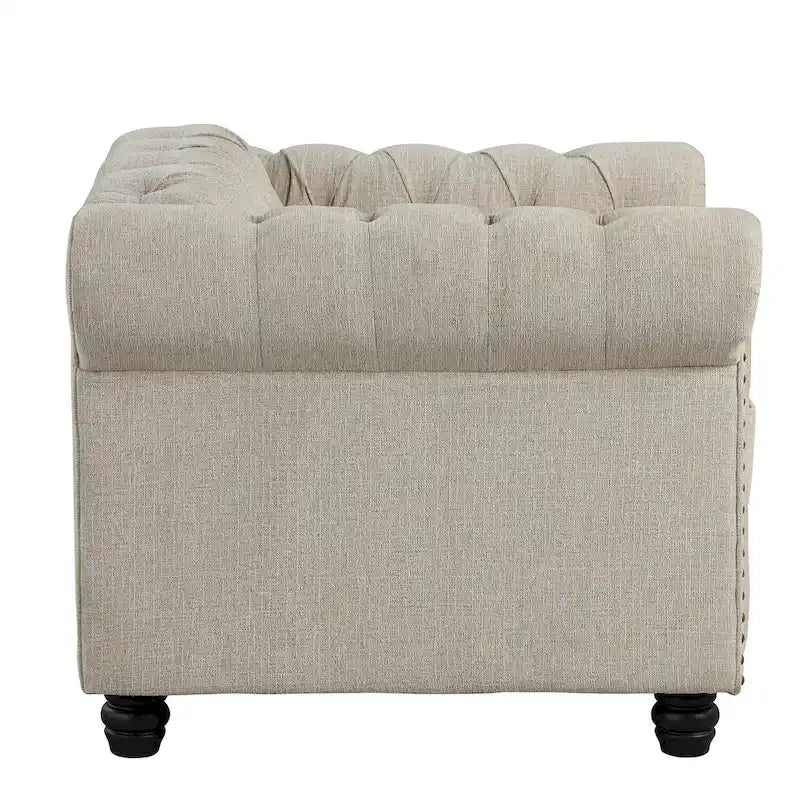 Fauteuil Chesterfield Club en lin, fauteuil rembourré capitonné avec clous décoratifs et pieds en bois massif