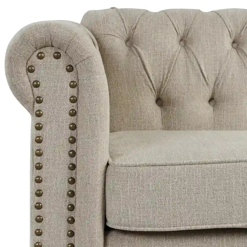 Fauteuil Chesterfield Club en lin, fauteuil rembourré capitonné avec clous décoratifs et pieds en bois massif