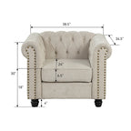 Fauteuil Chesterfield Club en lin, fauteuil rembourré capitonné avec clous décoratifs et pieds en bois massif