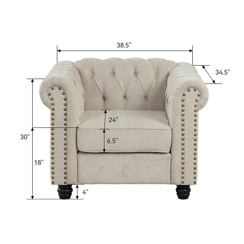 Fauteuil Chesterfield Club en lin, fauteuil rembourré capitonné avec clous décoratifs et pieds en bois massif