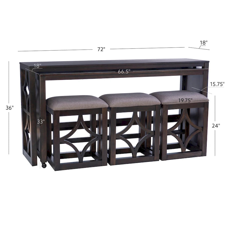 Console roulante gigogne 2 pièces Crewson Wood avec 3 tabourets