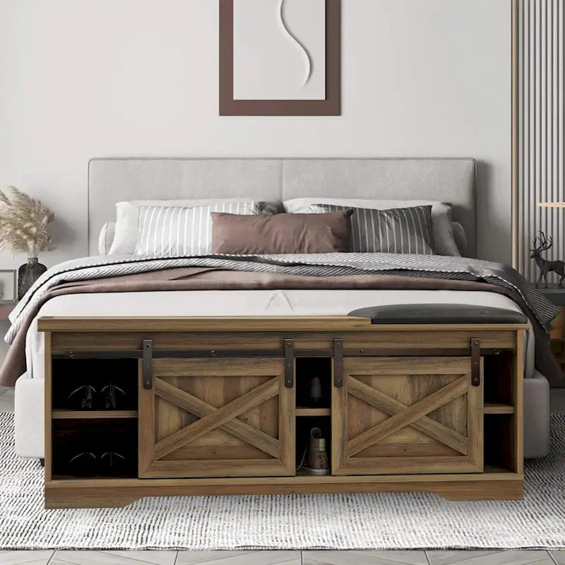 Banc à chaussures de 47 pouces avec meuble de rangement à porte coulissante et étagères réglables - 47,24L x 15,35P x 18,7H