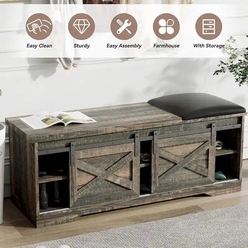 Banc à chaussures de 47 pouces avec meuble de rangement à porte coulissante et étagères réglables - 47,24L x 15,35P x 18,7H
