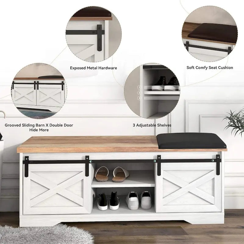 Banc à chaussures de 47 pouces avec meuble de rangement à porte coulissante et étagères réglables - 47,24L x 15,35P x 18,7H