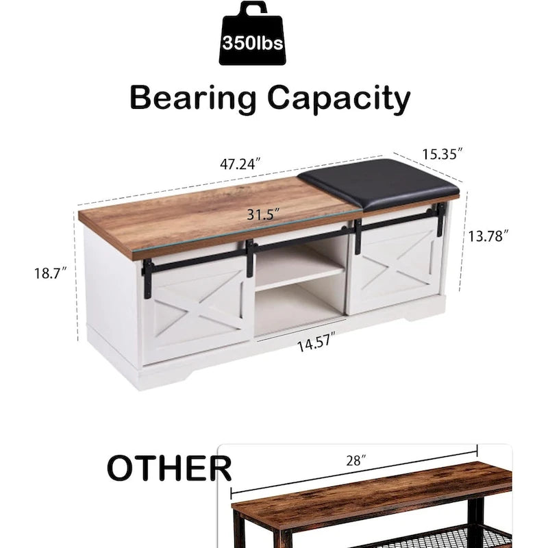 Banc à chaussures de 47 pouces avec meuble de rangement à porte coulissante et étagères réglables - 47,24L x 15,35P x 18,7H