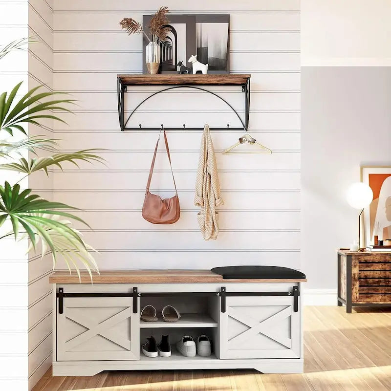 Banc à chaussures de 47 pouces avec meuble de rangement à porte coulissante et étagères réglables - 47,24L x 15,35P x 18,7H