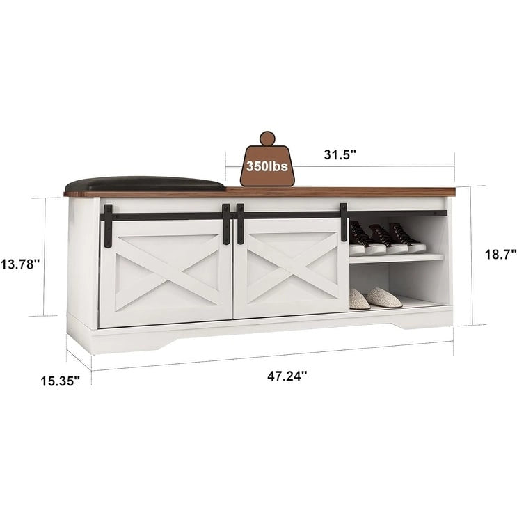Banc à chaussures de 47 pouces avec meuble de rangement à porte coulissante et étagères réglables - 47,24L x 15,35P x 18,7H