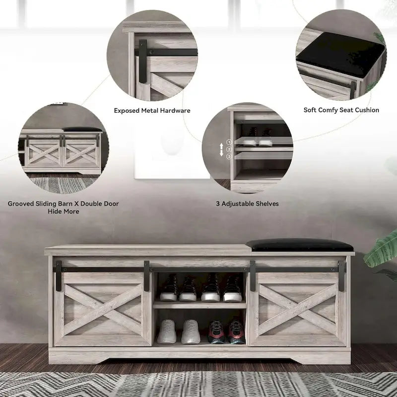 Banc à chaussures de 47 pouces avec meuble de rangement à porte coulissante et étagères réglables - 47,24L x 15,35P x 18,7H