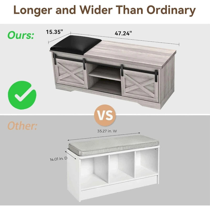Banc à chaussures de 47 pouces avec meuble de rangement à porte coulissante et étagères réglables - 47,24L x 15,35P x 18,7H