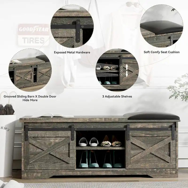 Banc à chaussures de 47 pouces avec meuble de rangement à porte coulissante et étagères réglables - 47,24L x 15,35P x 18,7H